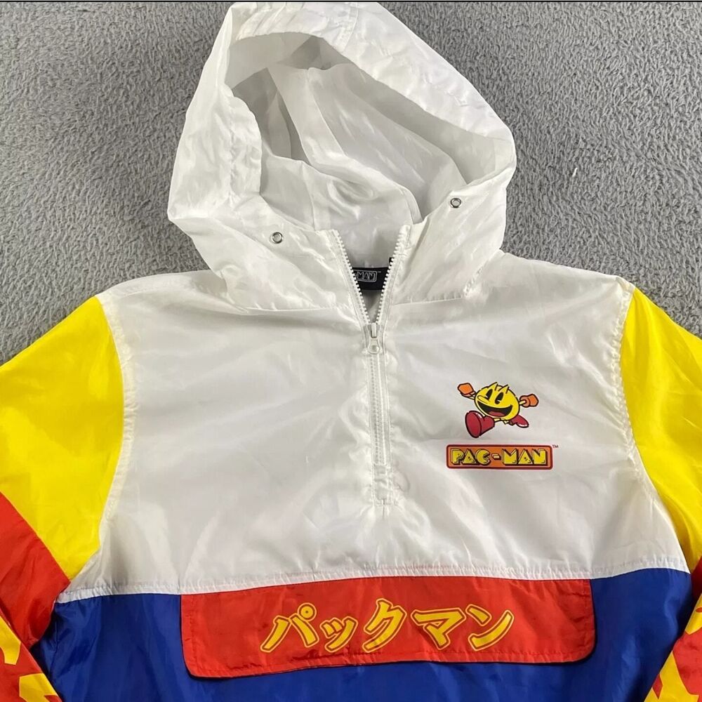 Pac-Man Japanese Writing Windbreaker Hoodie Adult Small Unisex Jacket - Picture 2 of 5